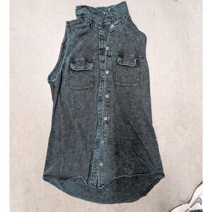 Rock & Republic Medium Acid Wash Green Grey Sleeveless Button Up Vest Shirt Rock